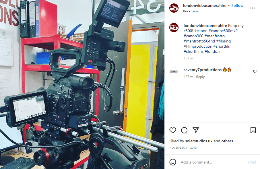 image showing an Instagram post of film equipment by London Video Camera Hire