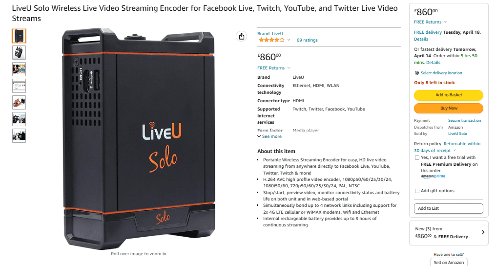 Amazon page for the LiveU Solo hardware encoder