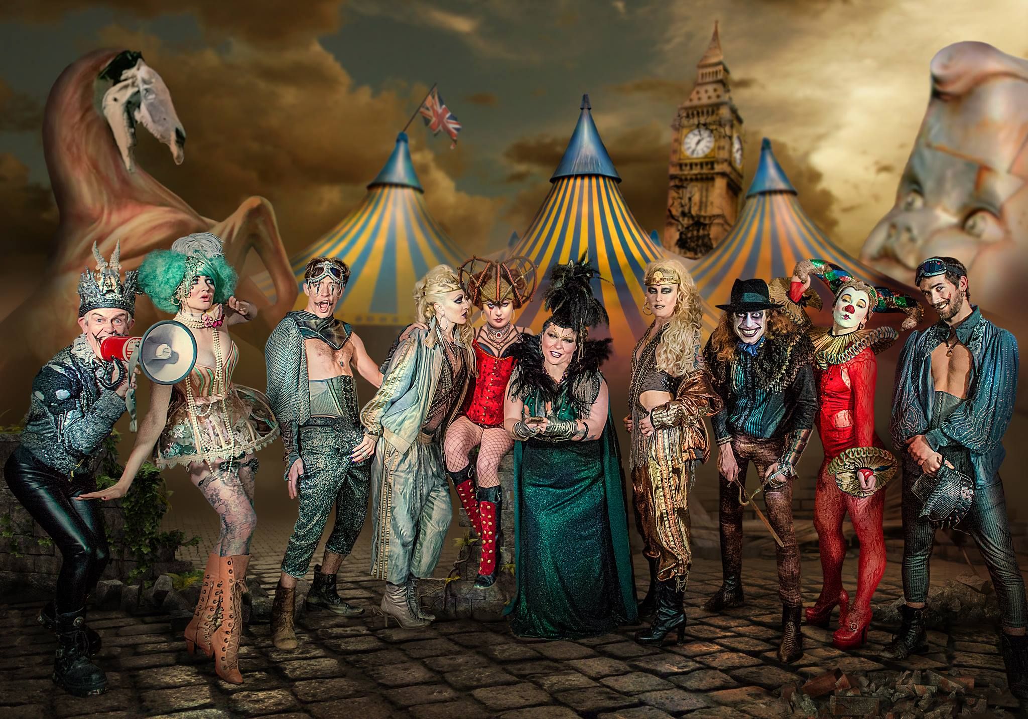 image of a group of people wearing mystical, circus-esque costumes from Prangsta costume hire