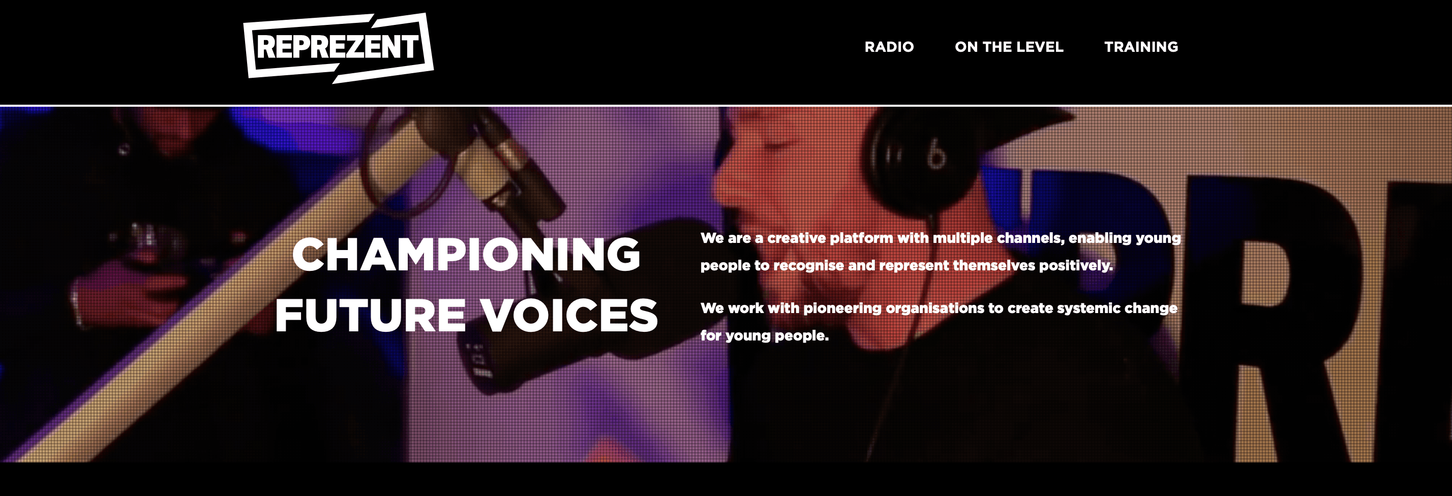 website landing page for underground radio station in London, Reprezent FM