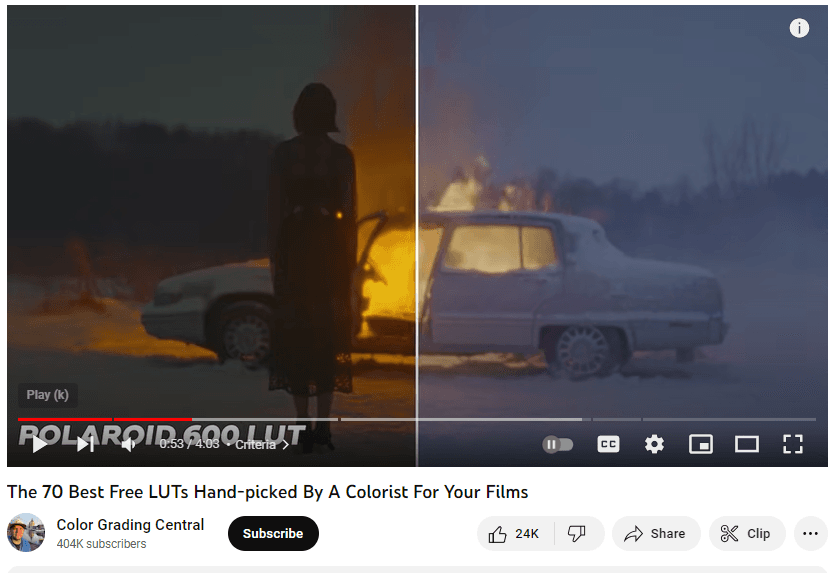 screenshot of a YouTube video on colour grading