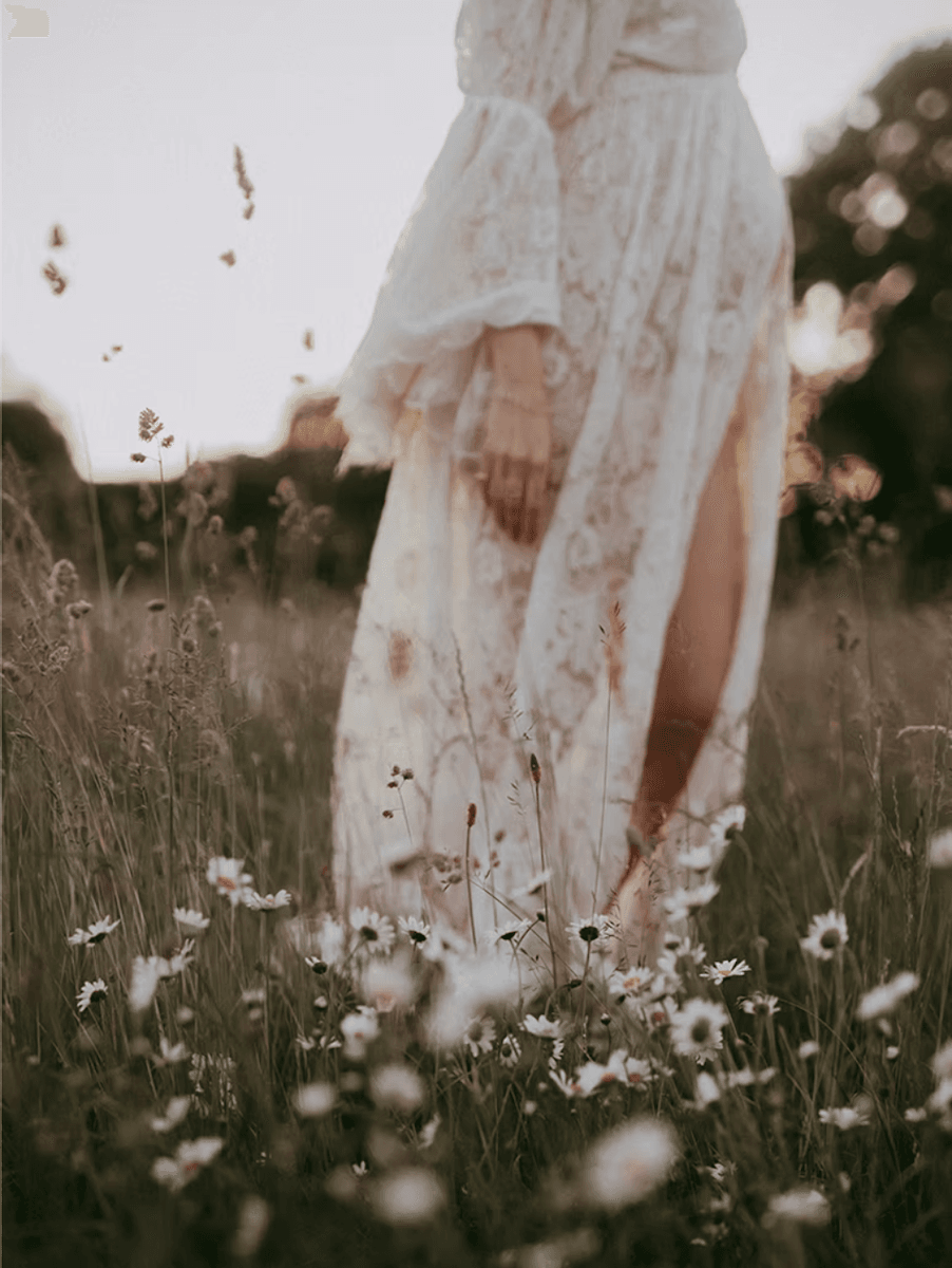 pregnant woman in a lace dress walking through a field of daisies and wildflowers at golden hour
