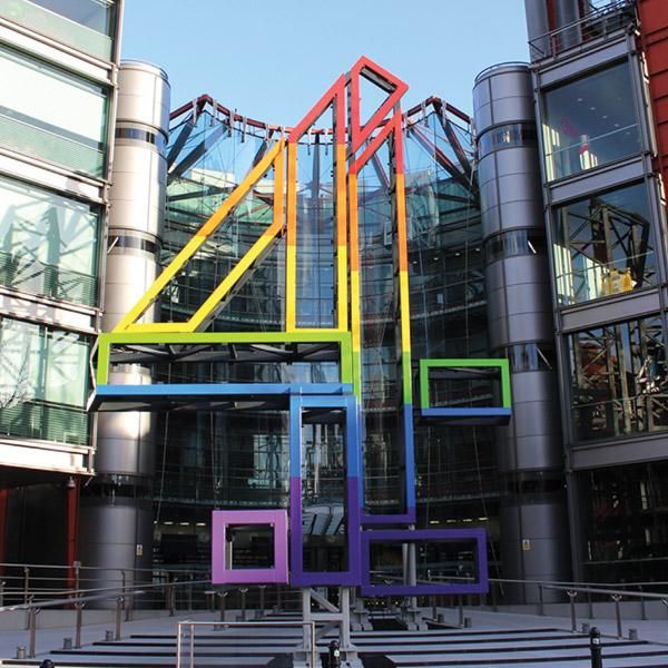 Large 4 sign in front of the Channel 4 Headquarters London